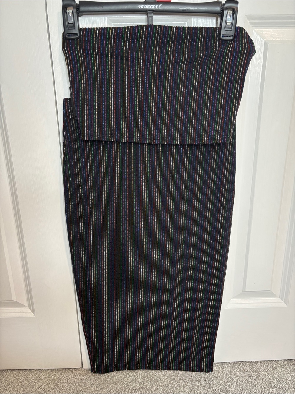 Black Fitted Two-Piece Set with Multicolor Sparkle Pinstripes